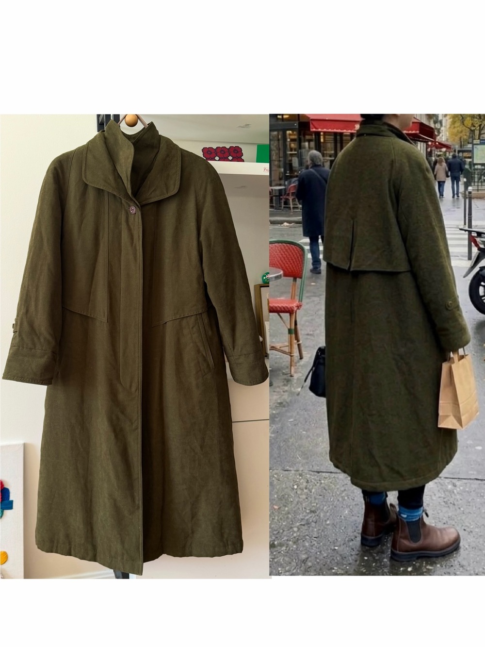 Vintage 80s Luba Paris Moss Green Padded Maxi Trench Coat Suede Touch